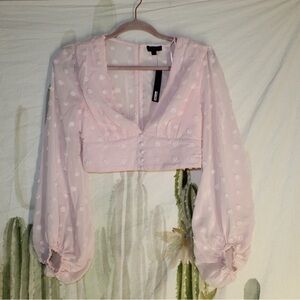 Miss Avenue Sheer Long Sleeve Polka Dot Crop Top in Light Pink 🌵Small